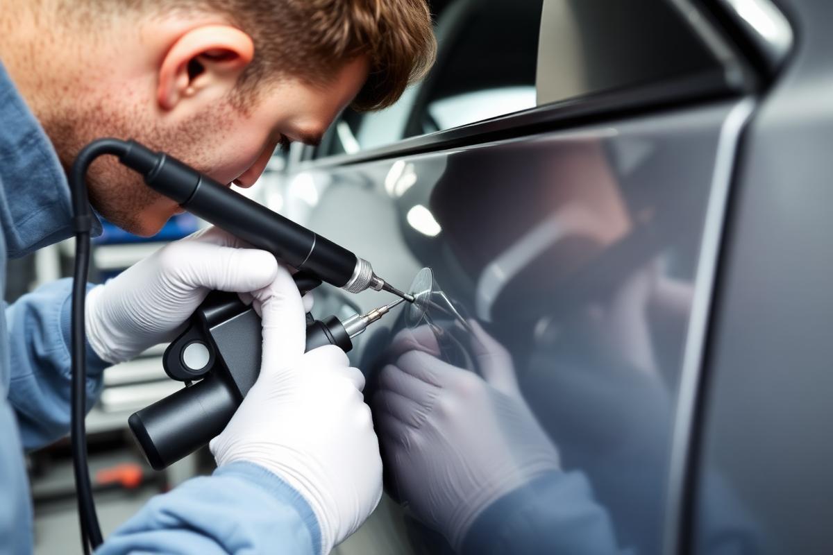 Technician removing a dent from a car door panel using dent repair tools