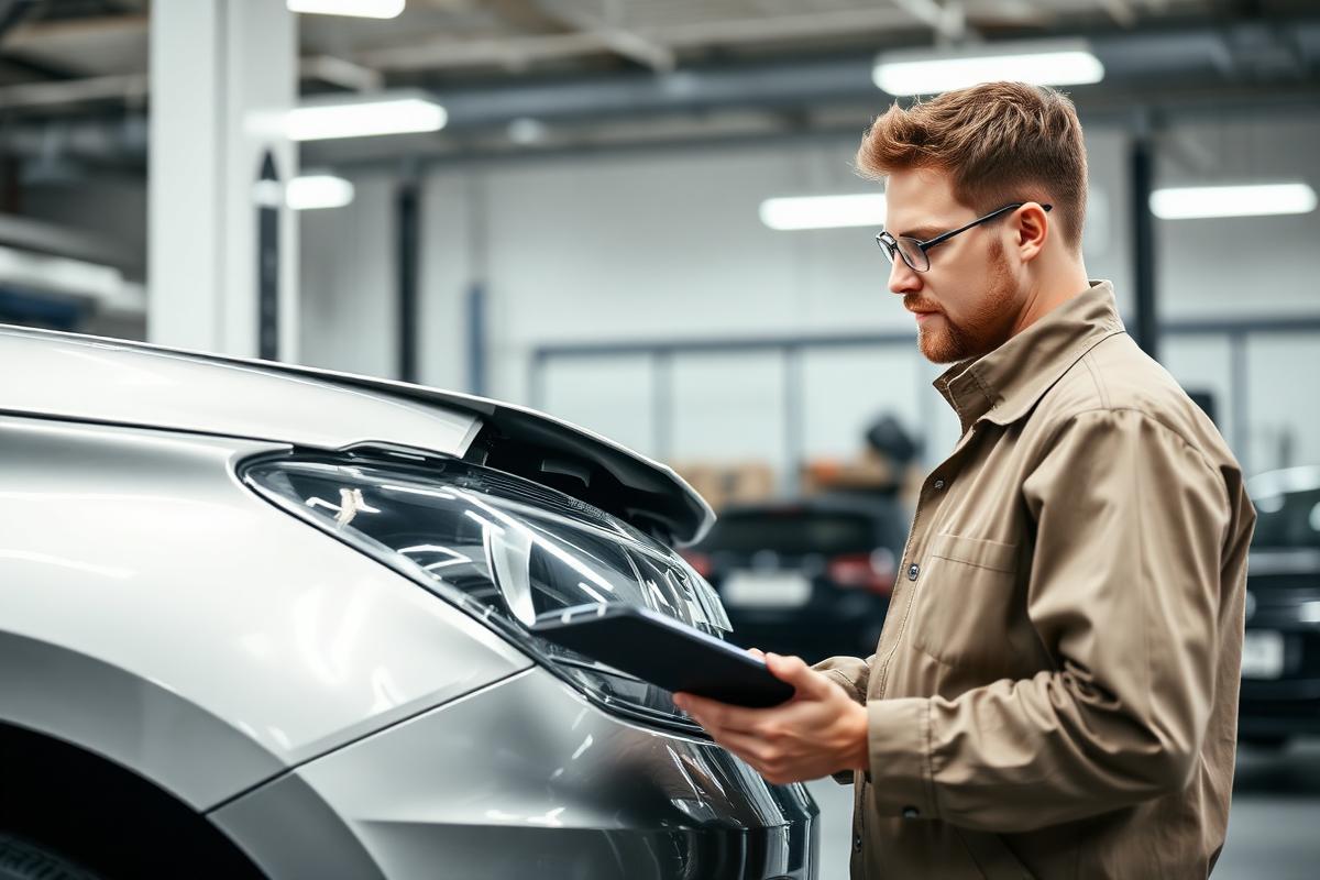 Technician assessing accident damage on the front corner of a car in an Orewa repair workshop
