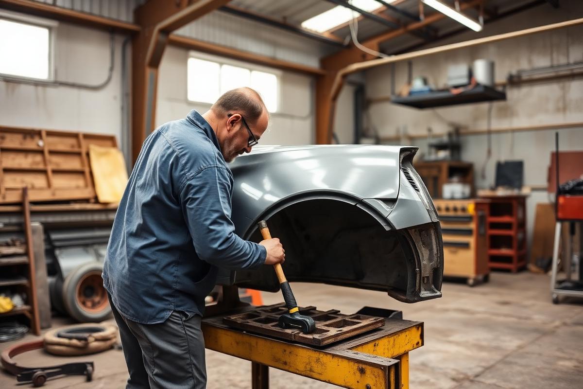 Panel beater straightening a damaged car quarter panel with a hammer and dolly