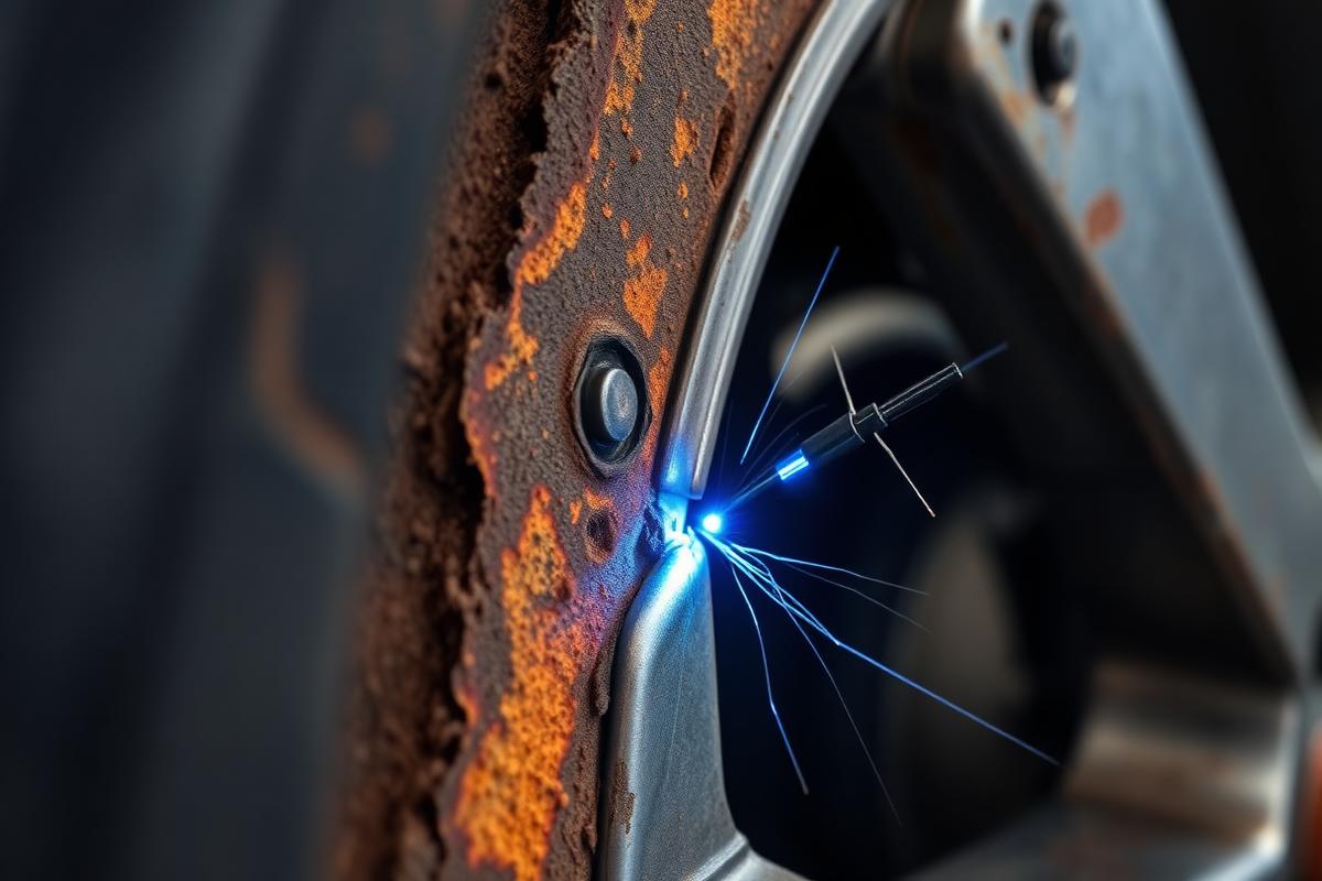 Close up of rust repair on a car wheel arch with new metal being welded in