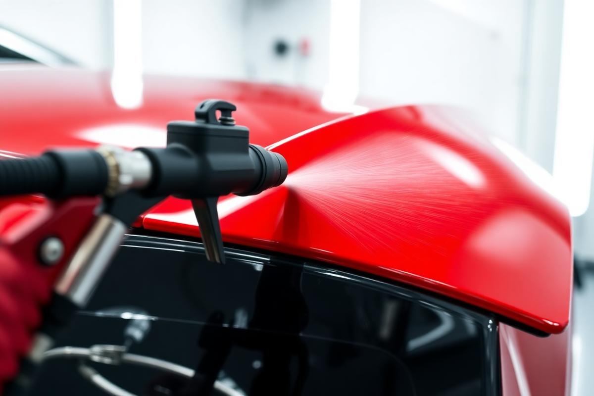 Spray gun applying glossy red automotive paint to a car bonnet in a modern spray booth