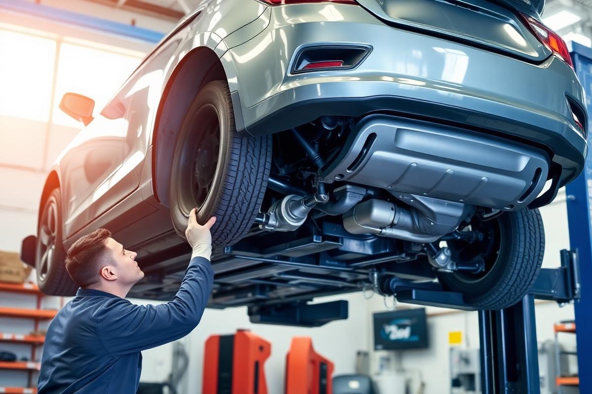 Car raised on a hoist while a technician inspects the underbody and chassis